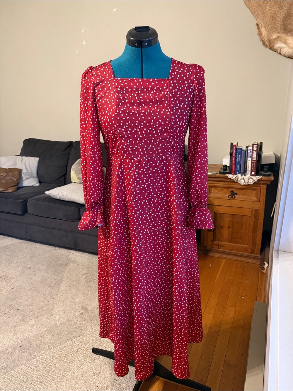 SHEIN Red Square-Neck Midi Dress with White Heart Print